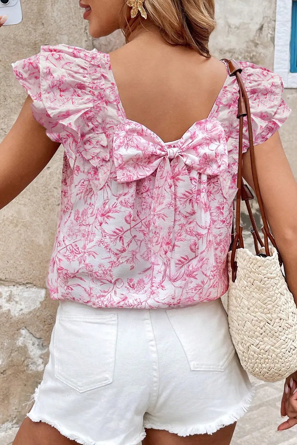 Pink Floral Ruffled Short Sleeve Bow Back Square Neck Blouse Love Salve